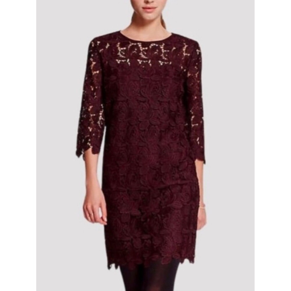 LOFT Burgundy Maroon Floral Lace Crew Neck 3/4 Sleeve Sheath Dress Sz 12